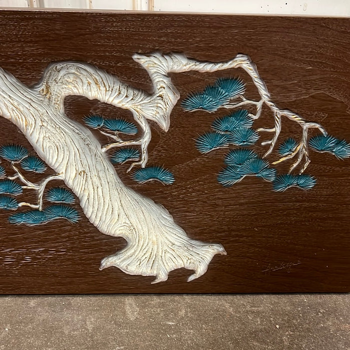 VINTAGE CAST COMPOSITION ASIAN PLAQUE OF EGRETS AND TREE