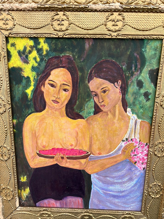 OIL PAINTING OF ISLAND GIRLS AFTER GAUGIN IN GOLD FRAME