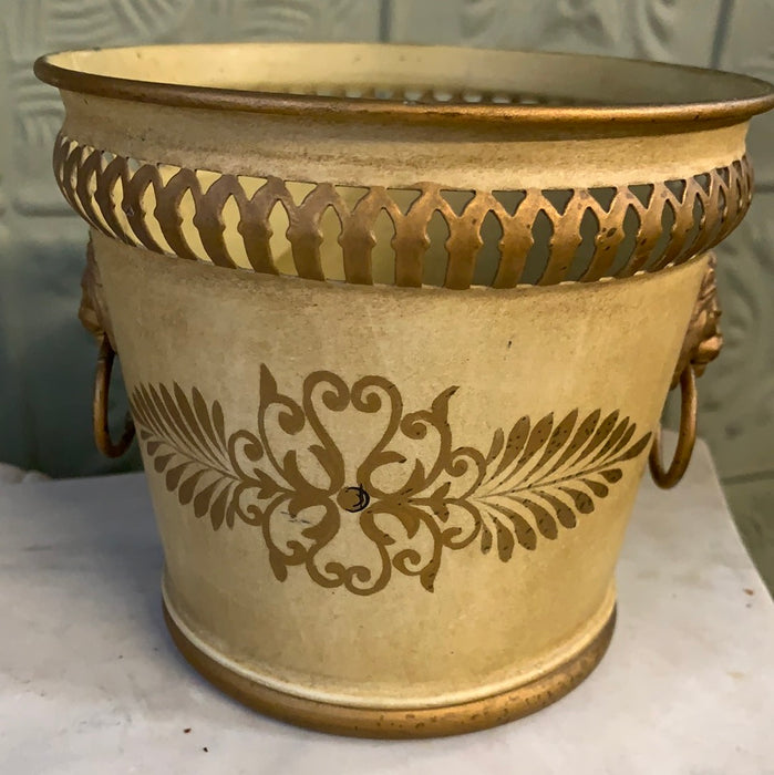 SMALL GOLDEN YELLOW FRENCH TOLE PLANTER WITH LION HEADS