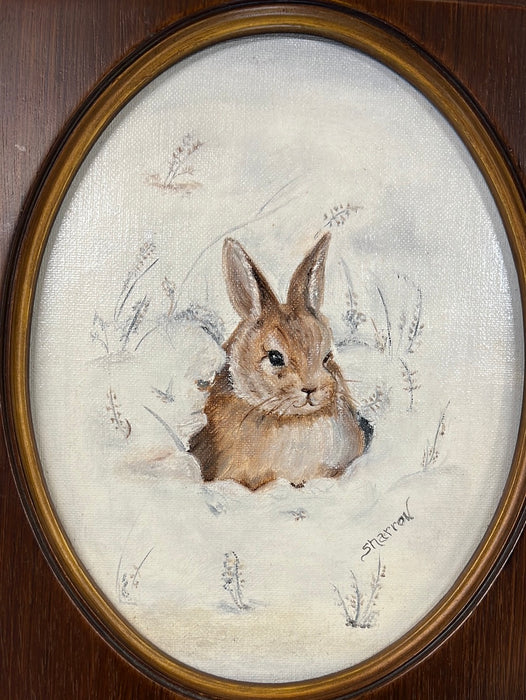 SMALL OVAL INSET FRAMED BUNNY OIL PAINTING SIGNED SHARRON