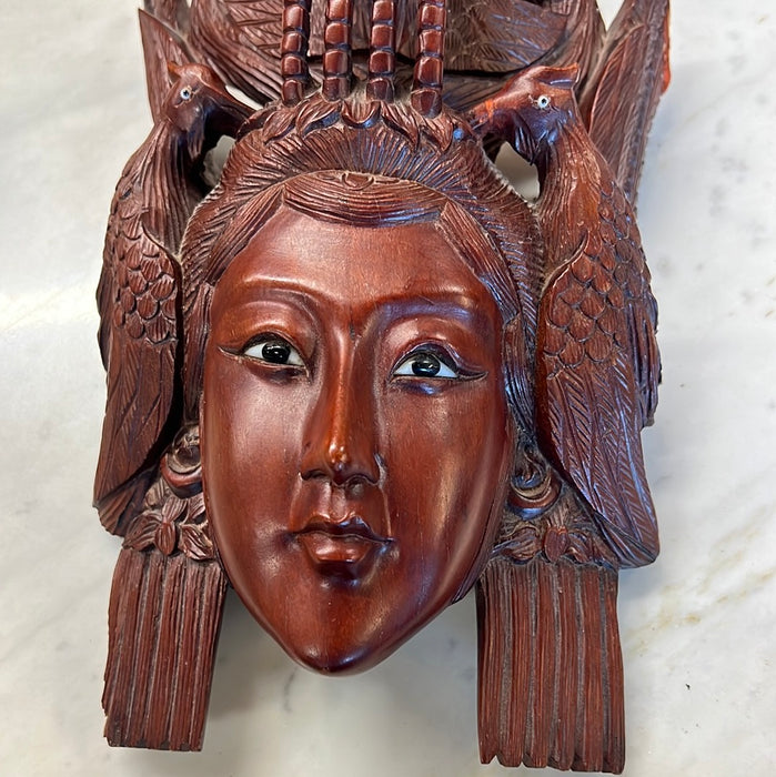 AS FOUND LARGE ASIAN CARVED WOOD LADY'S FACE WITH BIRDS