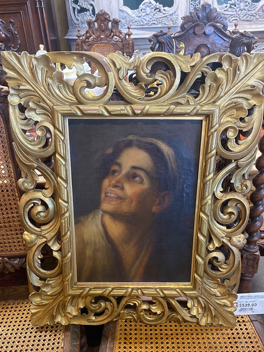 ORNATE PIERCE CARVED GOLD FRAME WITH EARLY PAINTING PORTRAIT AFTER MURILLO