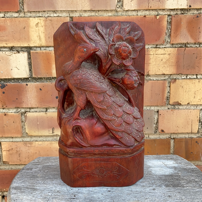 CARVED WOOD ASIAN PEACOCK FIGURE