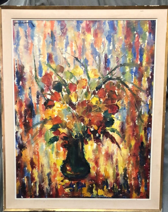 BRIGHT ABSTRACT FLORAL OIL PAINTING ON BOARD