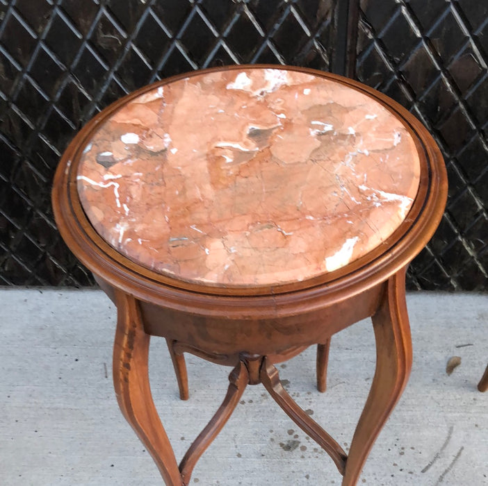 PAIR OF LOUIS XV MAHOGANY MARBLE TOP OCCASSIONAL TABLES - AS FOUND