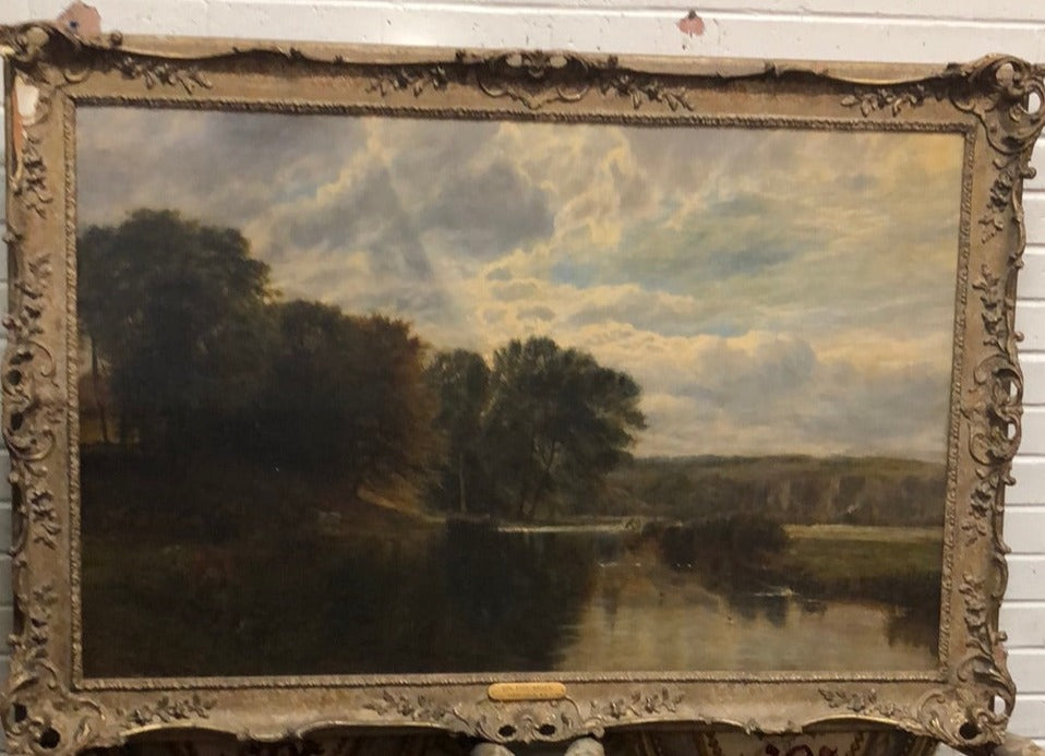 EARLY LARGE FRAMED RIVERSCAPE OIL PAINTING BY VICAT COLE