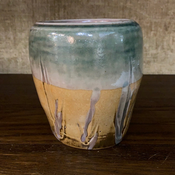 GREEN AND TAN STUDIO POTTERY VESSEL