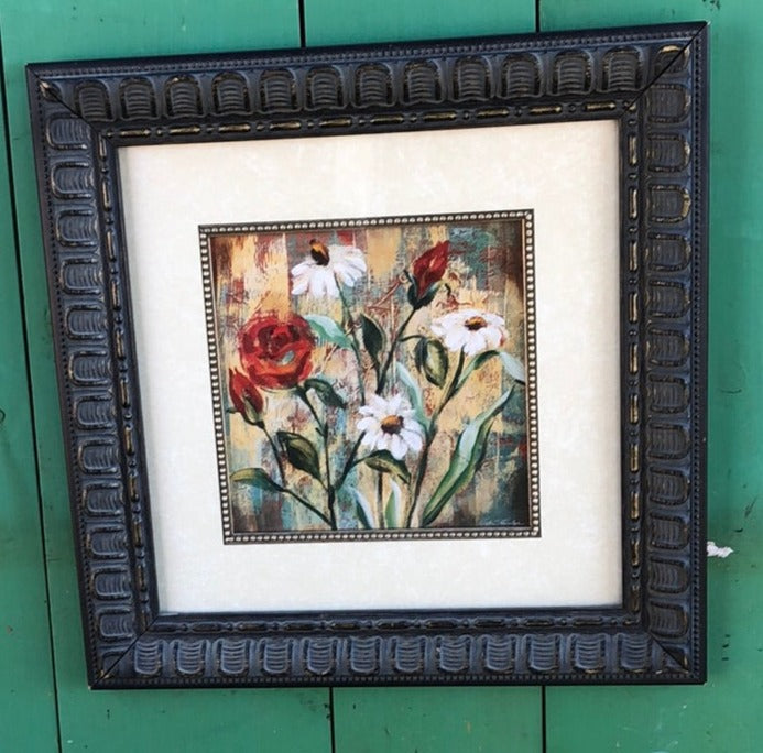 SQUARE ACRYLIC FLORAL STILL LIFE IN SILVER FRAME