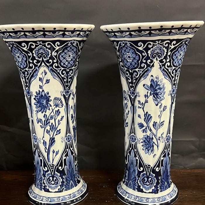 PAIR OF FLARED MOUTH DELFT BLUE AND WHITE FLORAL VASES