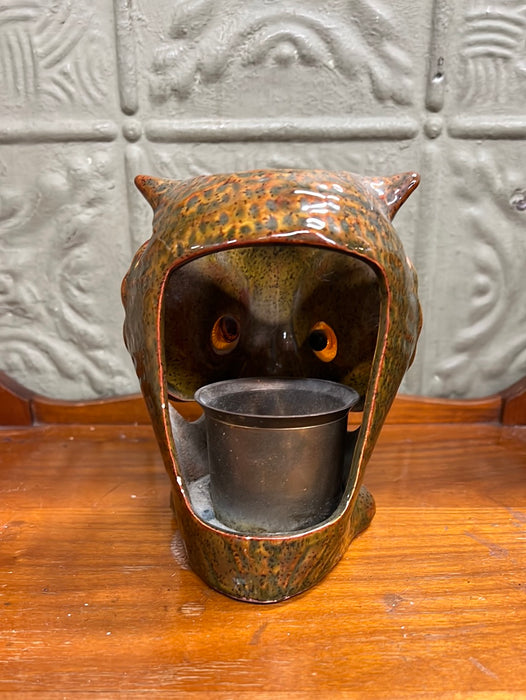 GLAZED POTTERY OWL TEALIGHT CANDLE HOLDER