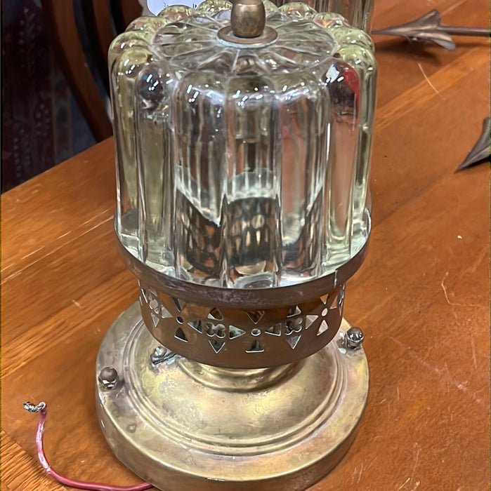 PAIR OF SMALL BRASS CEILING LIGHTS WITH RIBBED GLASS SHADES