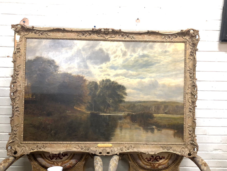 EARLY LARGE FRAMED RIVERSCAPE OIL PAINTING BY VICAT COLE