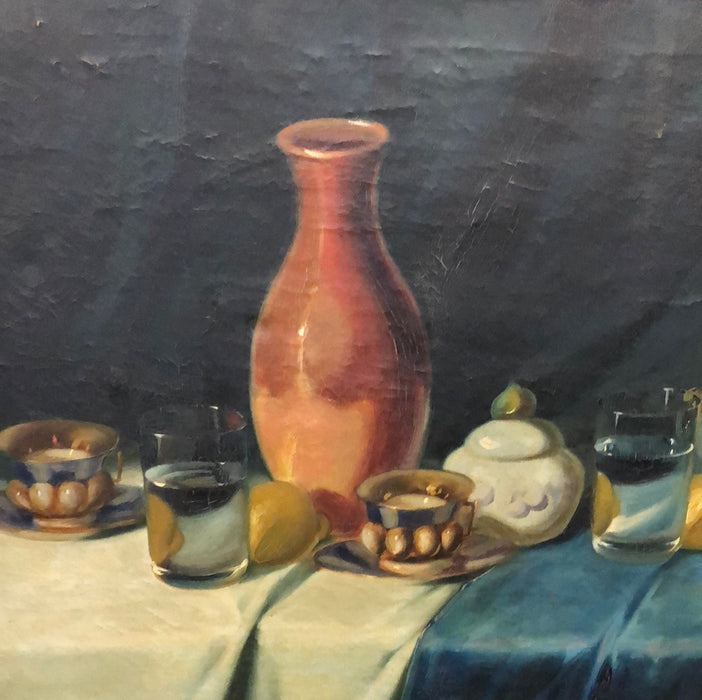 LEMONS AND A VASE STILL LIFE OIL PAINTING ON CANVAS