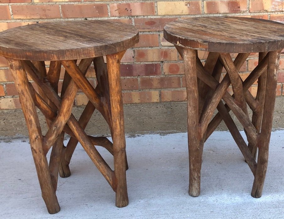 PAIR OF ROUND THICK TWIG ADIRONDACK TABLES