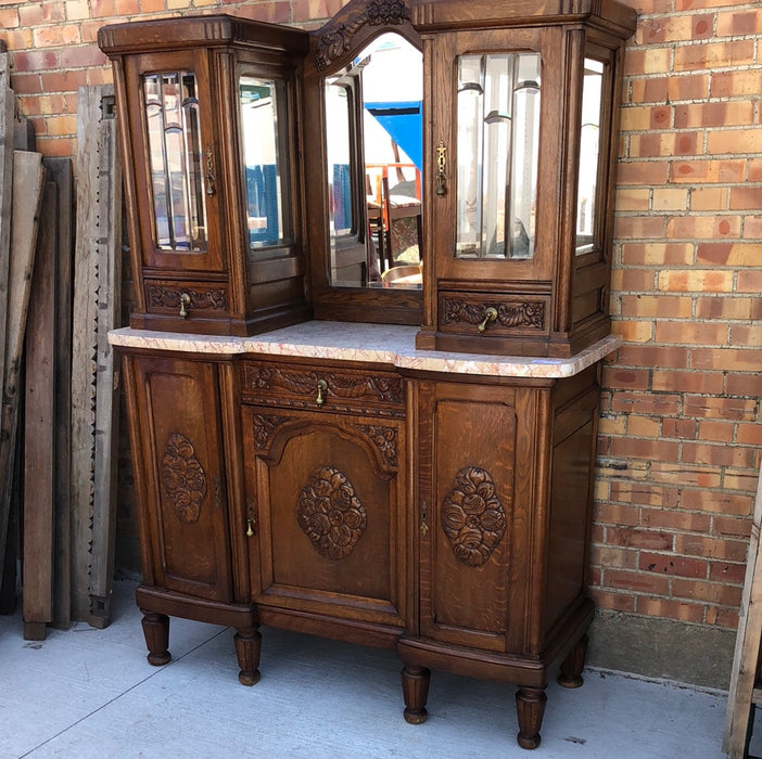 DECO FRUIT CARVED OAK MARBLE TOP CHINA BUFFET