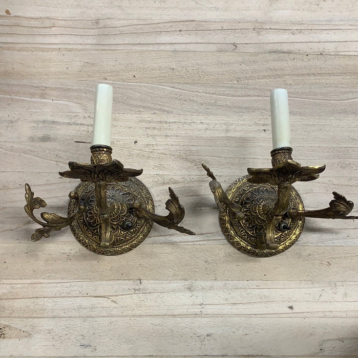 PAIR OF BRASS FOLIATE ELECTRIC CANDLE WALL SCONCES