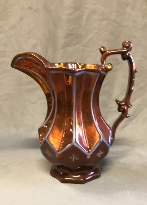 LARGE ORNATE COPPER LUSTER PITCHER WITH BLUE EDGE BANDING