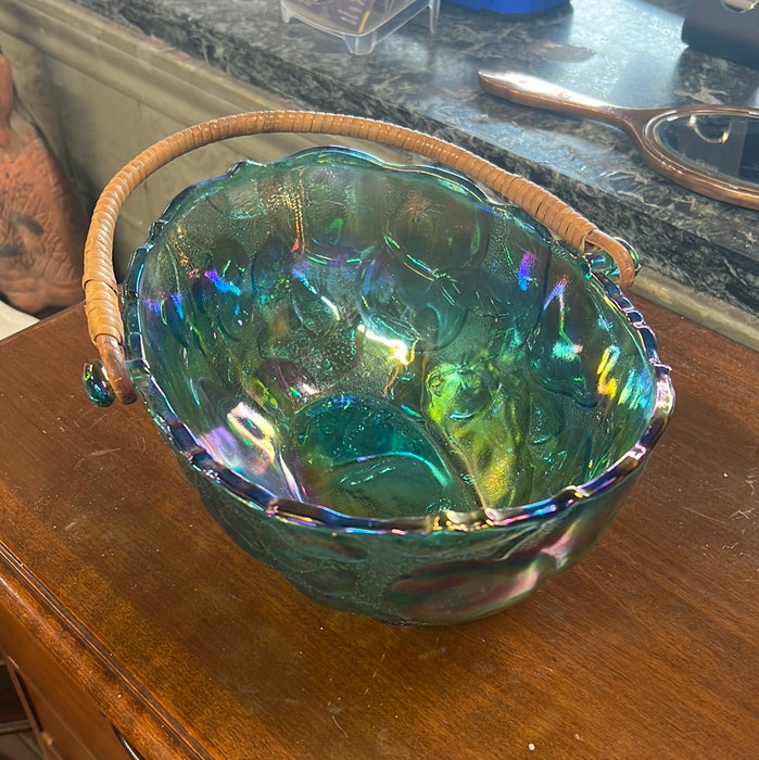 OVAL CARNIVAL GLASS BOWL WITH RATTAN HANDLE