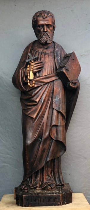 CARVED WOOD SAINT WITH CROSS