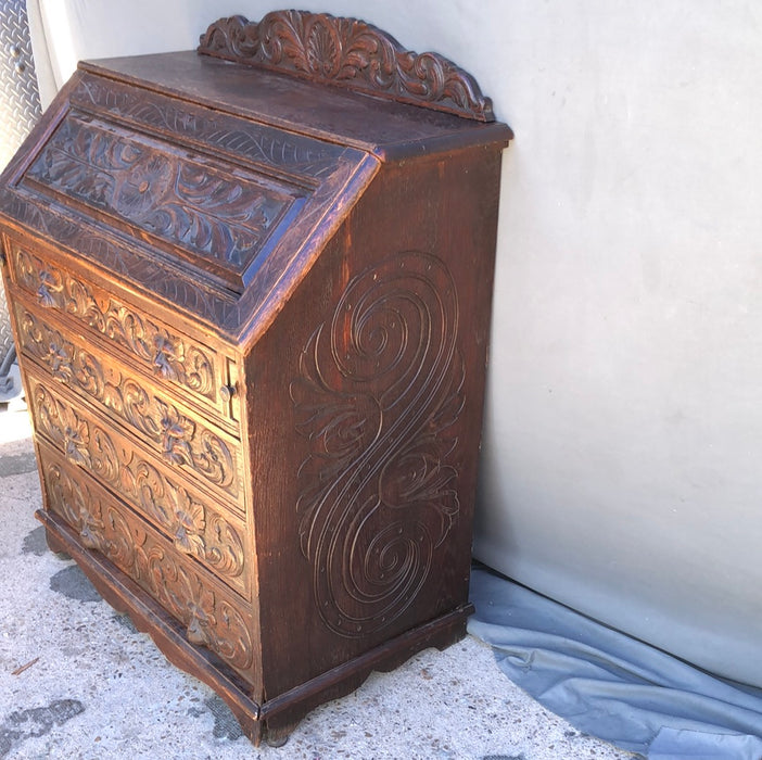 CARVED ENGLISH 1890S DROP FRONT OAK DESK