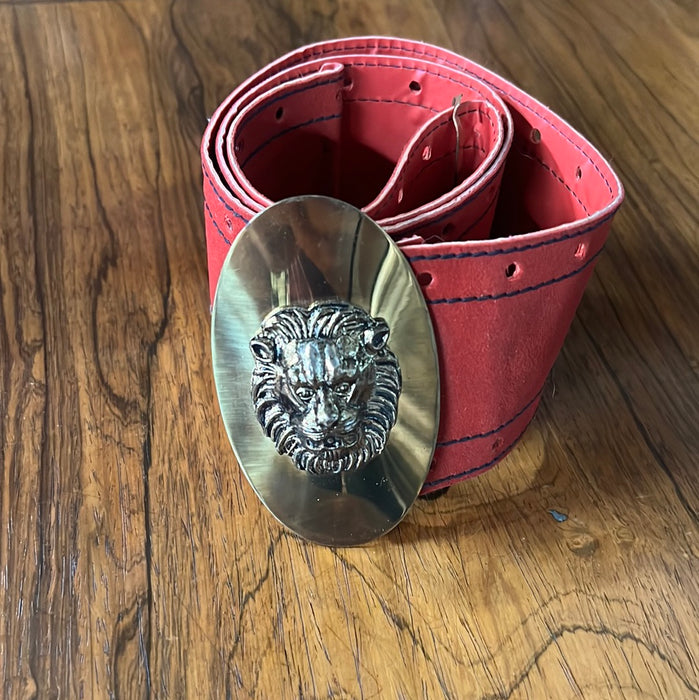 THICK RED BELT WITH BRASS LION BUCKLE