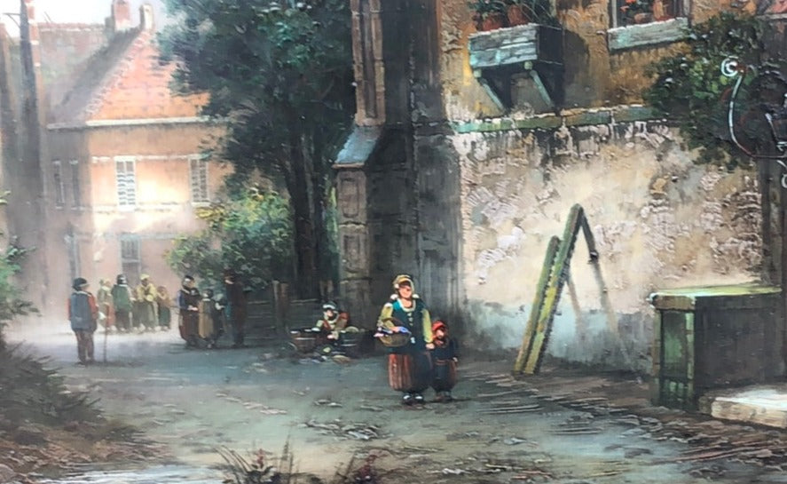 FRAMED OIL PAINTING OF A EUROPEAN TOWN WITH A WOMAN AND CHILDREN