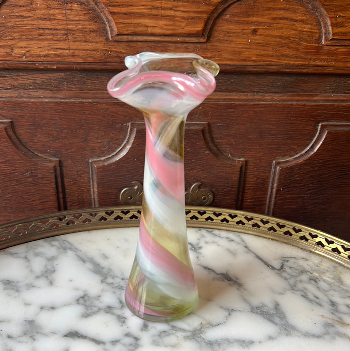 PINK AND WHITE SWIRLY GLASS BUD VASE