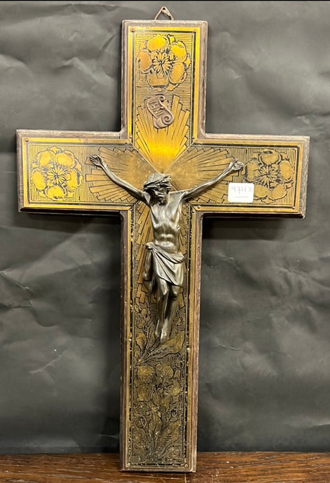 WOOD AND ENGRAVED BRASS WALL CRUCIFIX