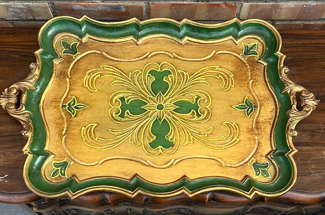 LARGE GREEN AAND GOLD FLORETINE TRAY WITH HANDLES