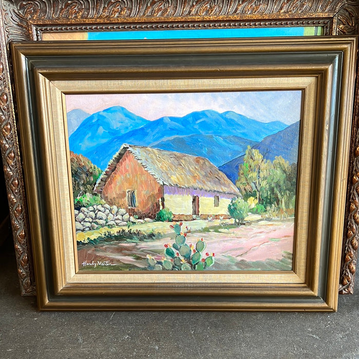 HARDY MARTIN MOUNTAIN MEXICAN VILLAGE WITH HUT OIL PAINTING ON BOARD