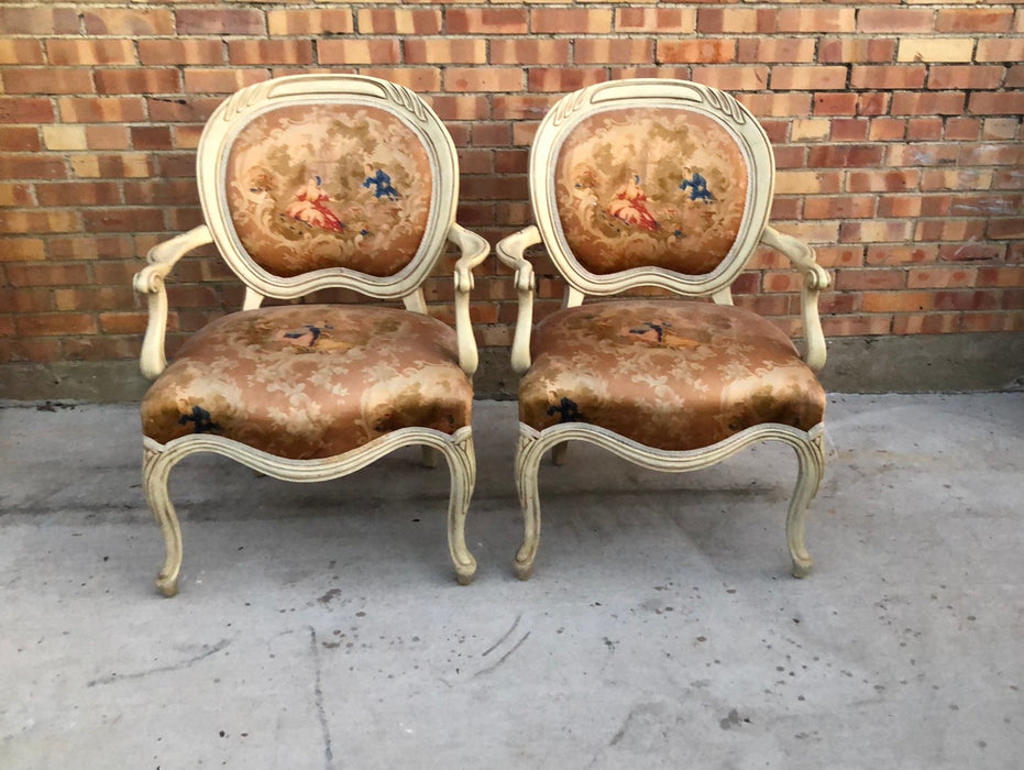 PAIR OF TAPESTRY BACK LOUIS XV PAINTED CHAIRS