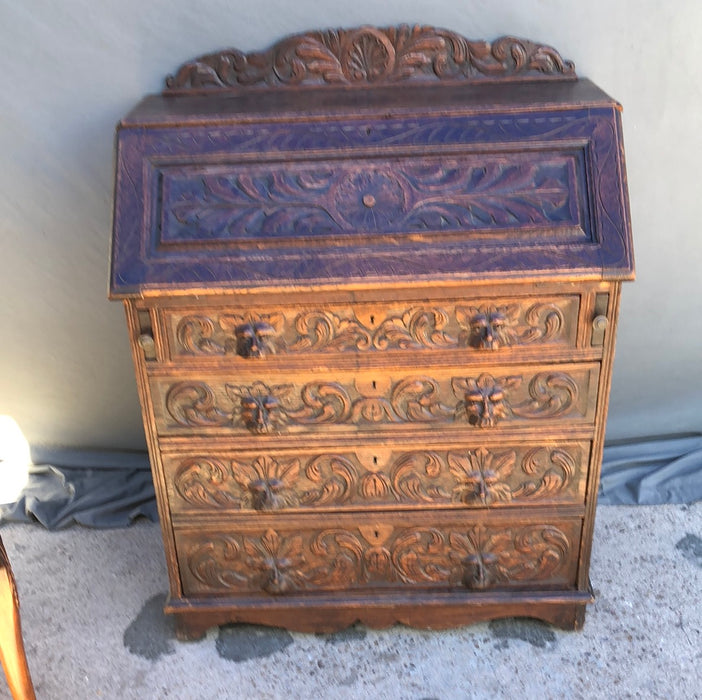 CARVED ENGLISH 1890S DROP FRONT OAK DESK