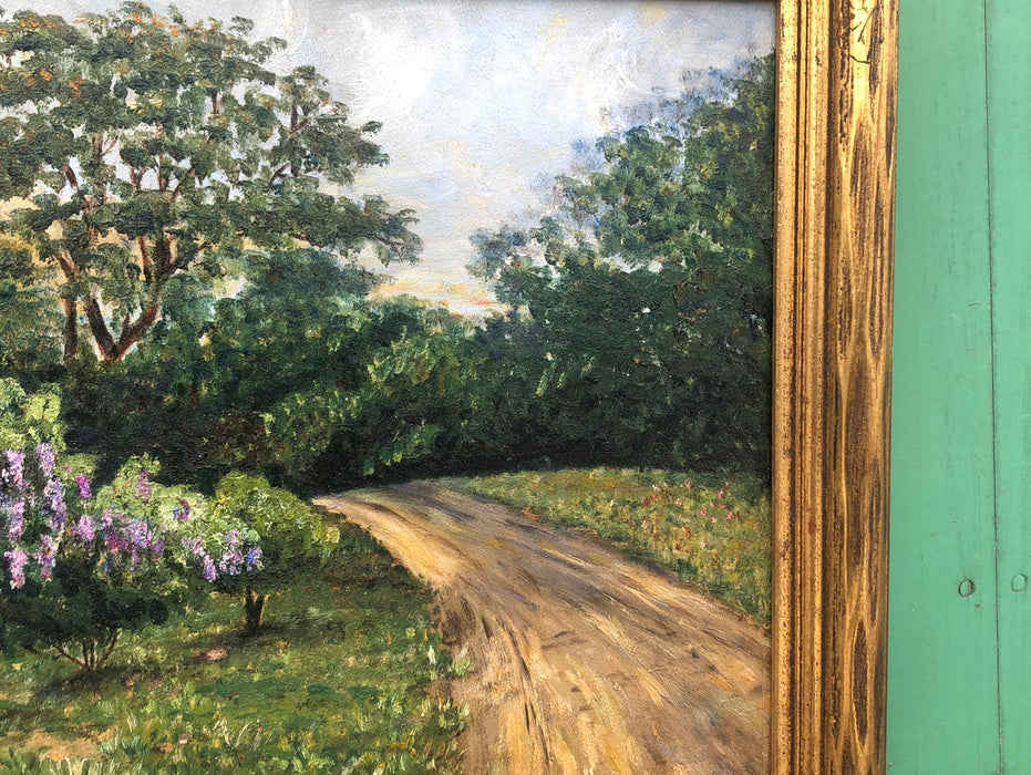 OIL PAINTING OF A COUNTRY ROAD WITH PURPLE FLOWERING TREES