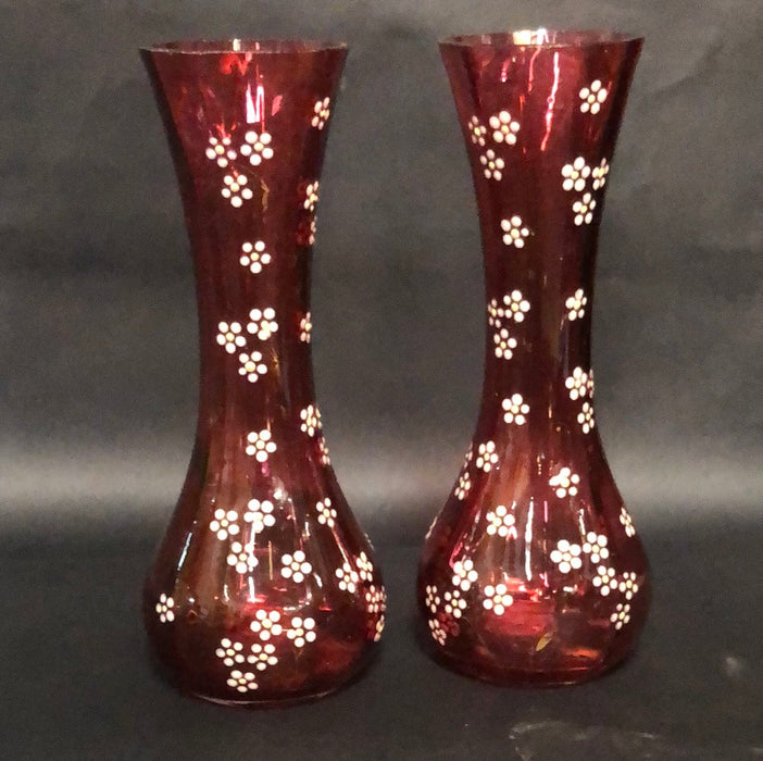 PAIR OF CRANBERRY VASES WITH ENAMELED FLOWERS