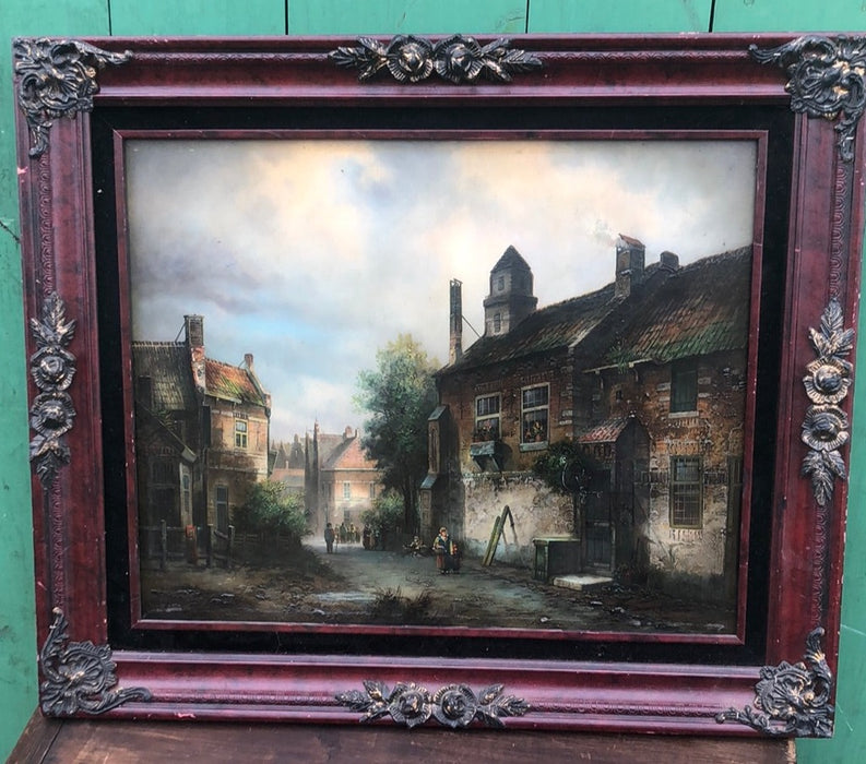 FRAMED OIL PAINTING OF A EUROPEAN TOWN WITH A WOMAN AND CHILDREN