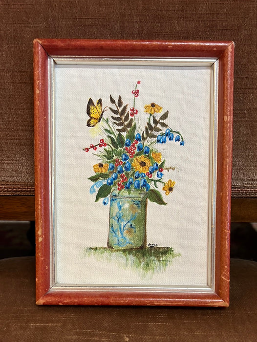 MINI PAINTING OF WILD FLOWERS IN JAR WITH BUTTERFLY IN ORANGE FRAME