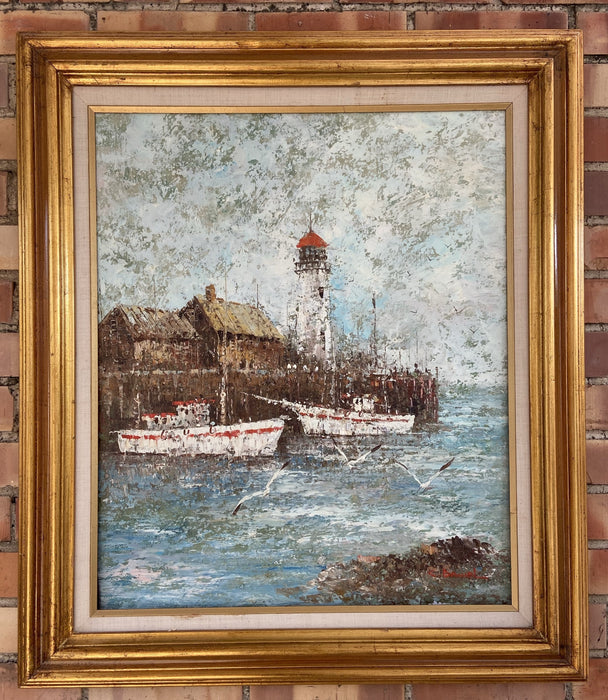 LARGE ABSTRACT SHIP OIL PAINTING IN FRAME