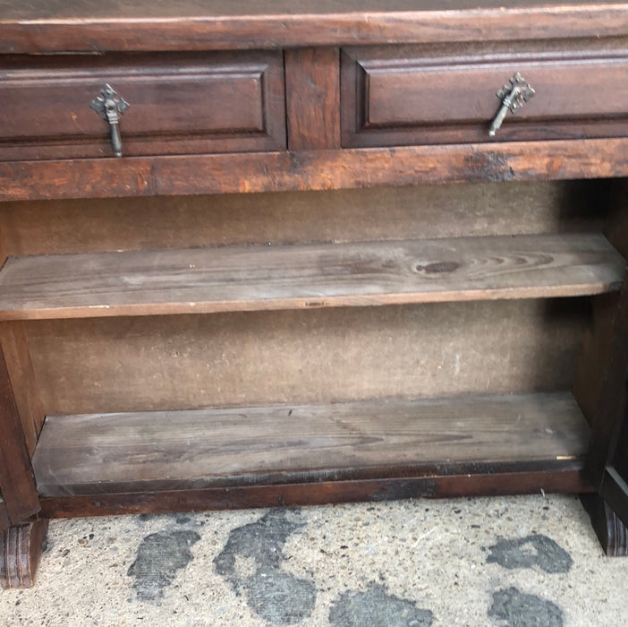 DARK OAK SHALLOW CONSOLE WITH MULTI PANELS, 2 DRAWERS AND 2 DOOR