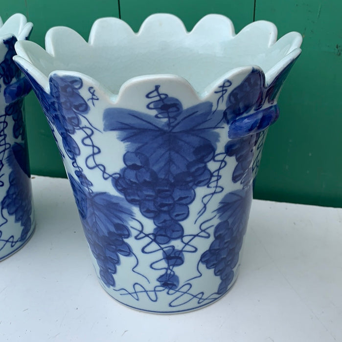 PAIR OF BLUE AND WHITE GRAPE DESIGN VASES