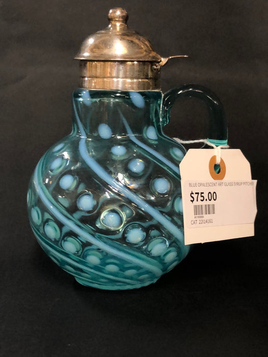 BLUE OPALESCENT ART GLASS SYRUP PITCHER