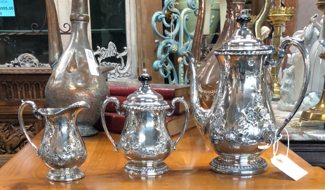 3 PIECE ORNATE SILVERPLATE TEA SERVICE-TEAPOT, CREAM AND SUGAR