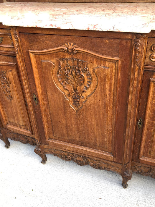 MARBLE TOP CARVED LOUIS XV LEADED AND BEVELED GLASS ROCOCO OAK BUFFET