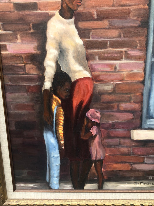 VERTICAL OI PAINTING OF A BLACK WOMAN AND 2 CHILDREN SIGNED LEE MCKENNA