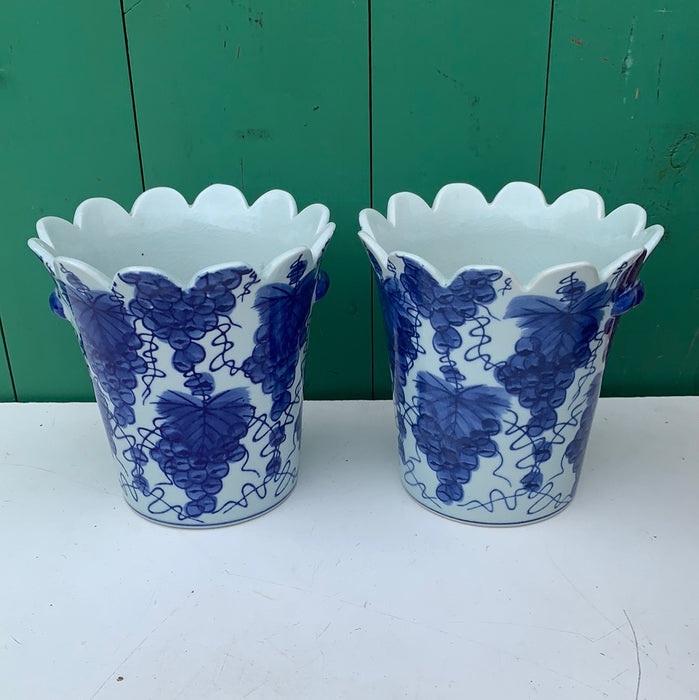PAIR OF BLUE AND WHITE GRAPE DESIGN VASES
