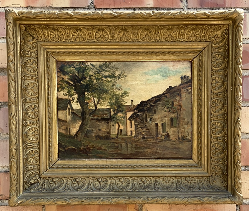 SMALL RECTANGULAR ANTIQUE PAINTING ON BOARD OF VILLAGE SCENE