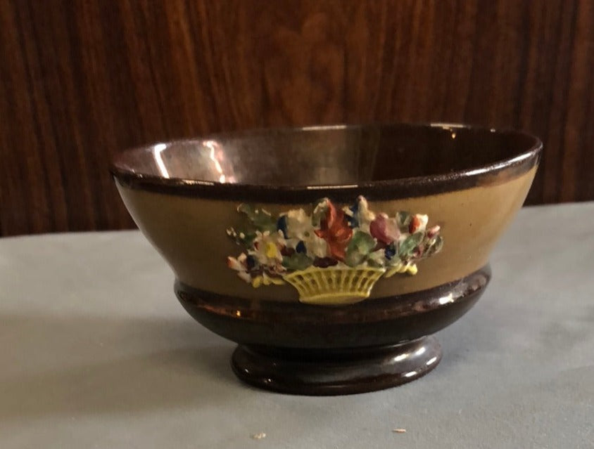 SMALL COPPER LUSTER FOOTED BOWL WITH FLOWERS