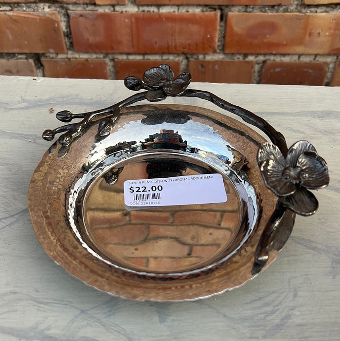 SILVER PLATE DISH WITH BRONZE ADORNMENT