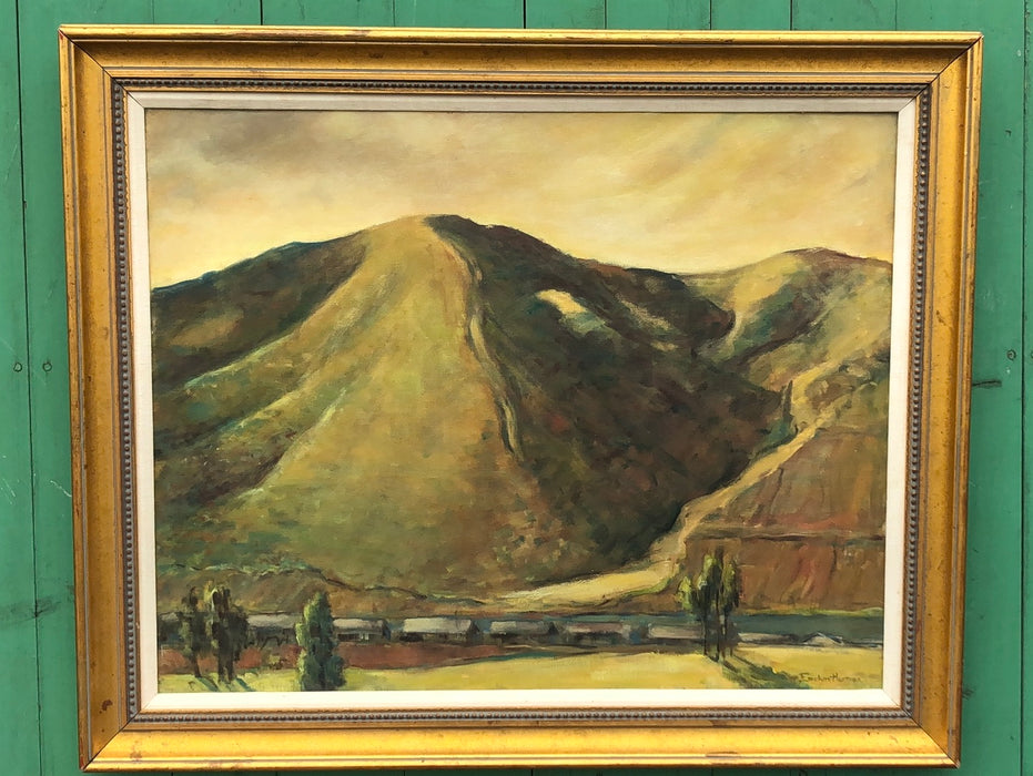 CALIFORNIA MOUNTAIN LANDSCAPE OIL PAINTING WITH A TRAIN SIGNED EVELYN HERMAN