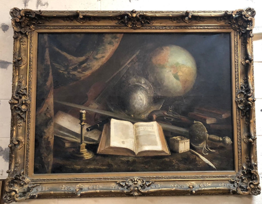 LARGE OIL PAINTING ON CANVAS STILL LIFE WITH GLOBE