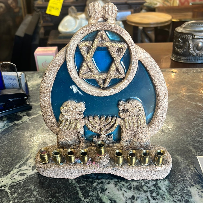 HANDMADE MENORAH WITH RESIN BLUE BACKGROUND